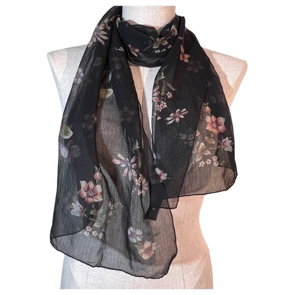 VTG Berkshire Floral Black Sheer Scarf Rectangle Polyester Made In Italy Women - Picture 2 of 8